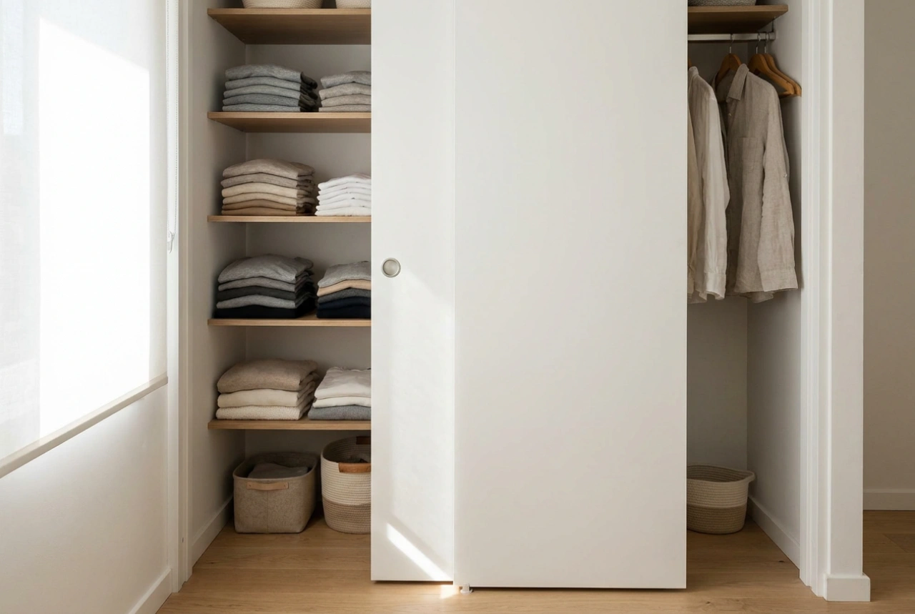Гардероб с плъзгащи се врати в малка стая и правила за удобен достъп
